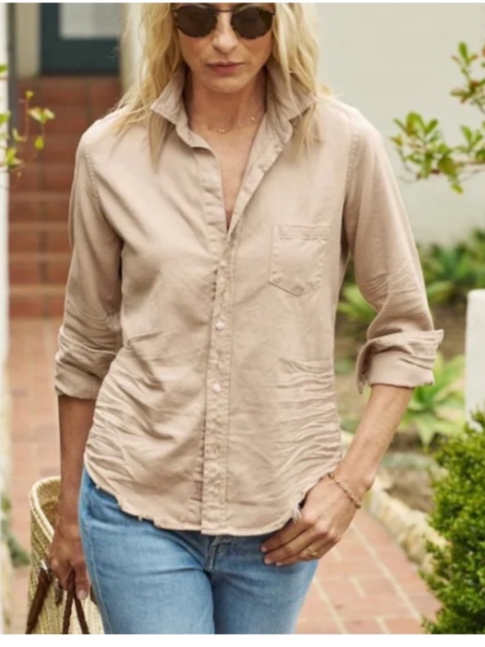 Frank & Eileen Eileen Button-Up Shirt Famous Denim Sand Tan Size XS